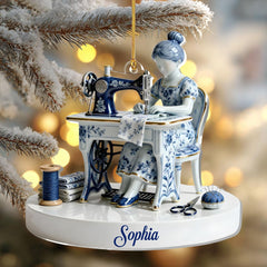 Crystal-clear finish on Love Sewing acrylic ornament highlighting artwork