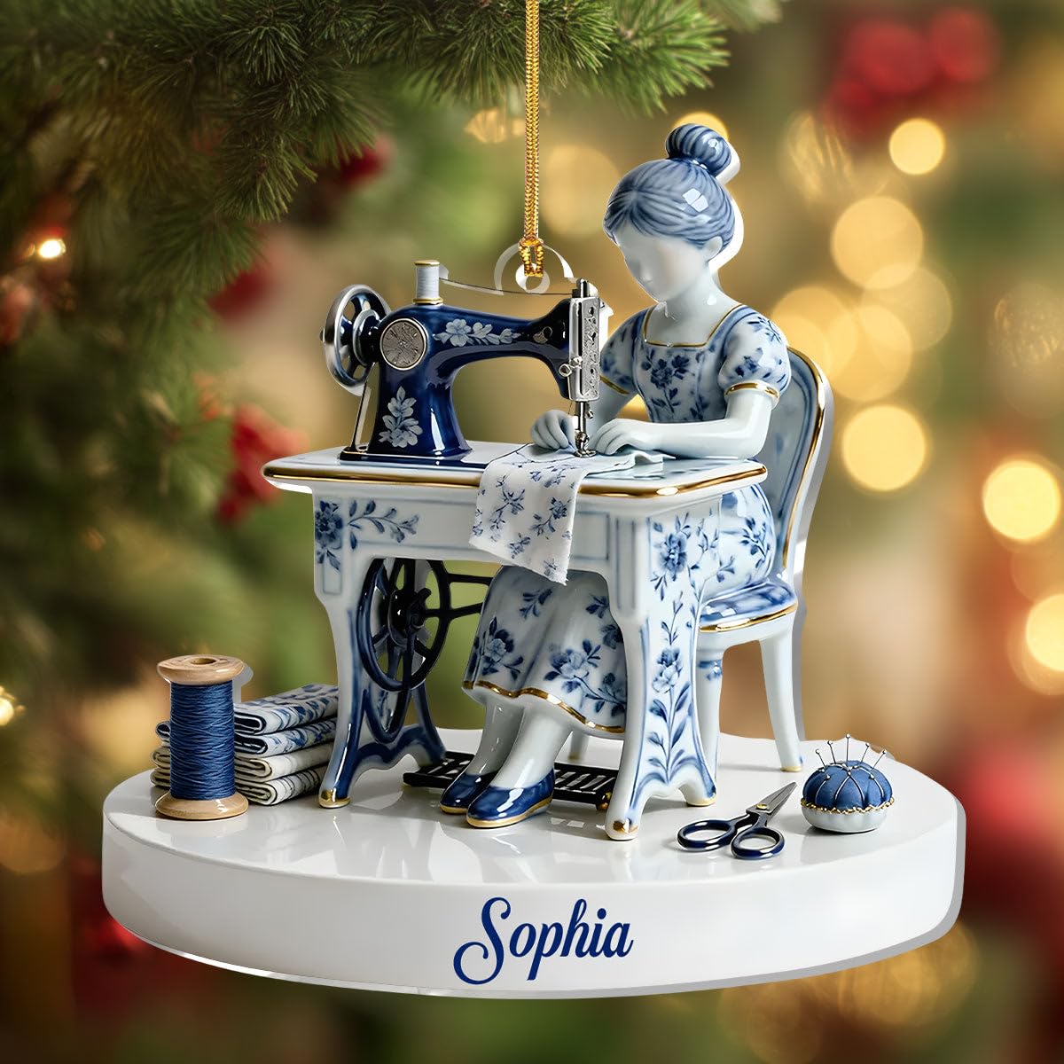 Perforated top hanging hole on Love Sewing acrylic ornament