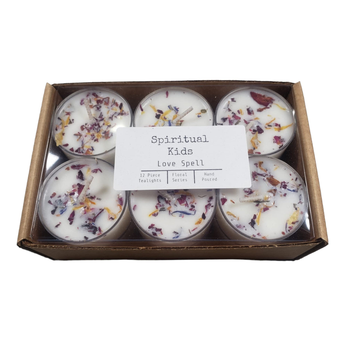 Love Spell Tealights 12ct hand poured with natural soy wax and dried flowers