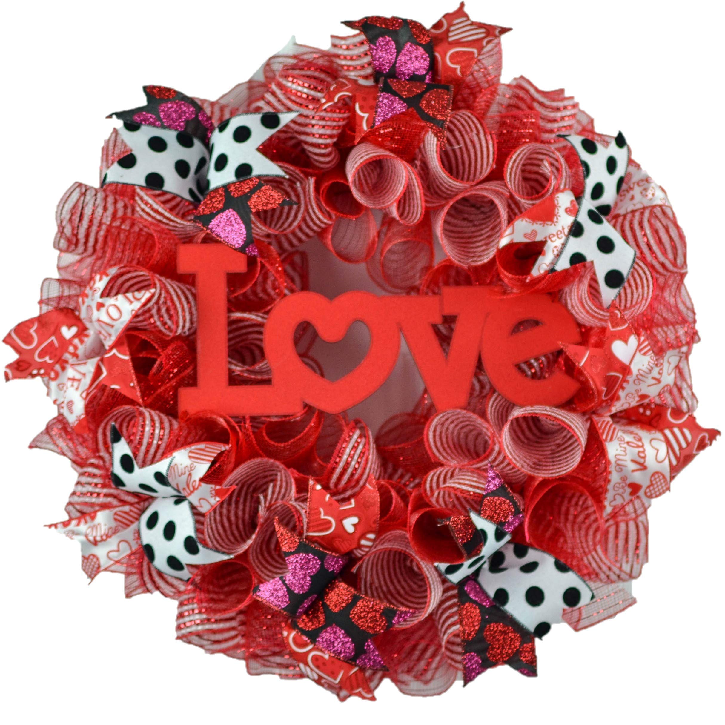 Love Valentines Wreath 24 inch round red and white mesh