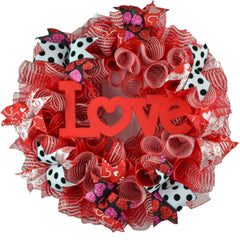 Love Valentines Wreath 24 inch round red and white mesh