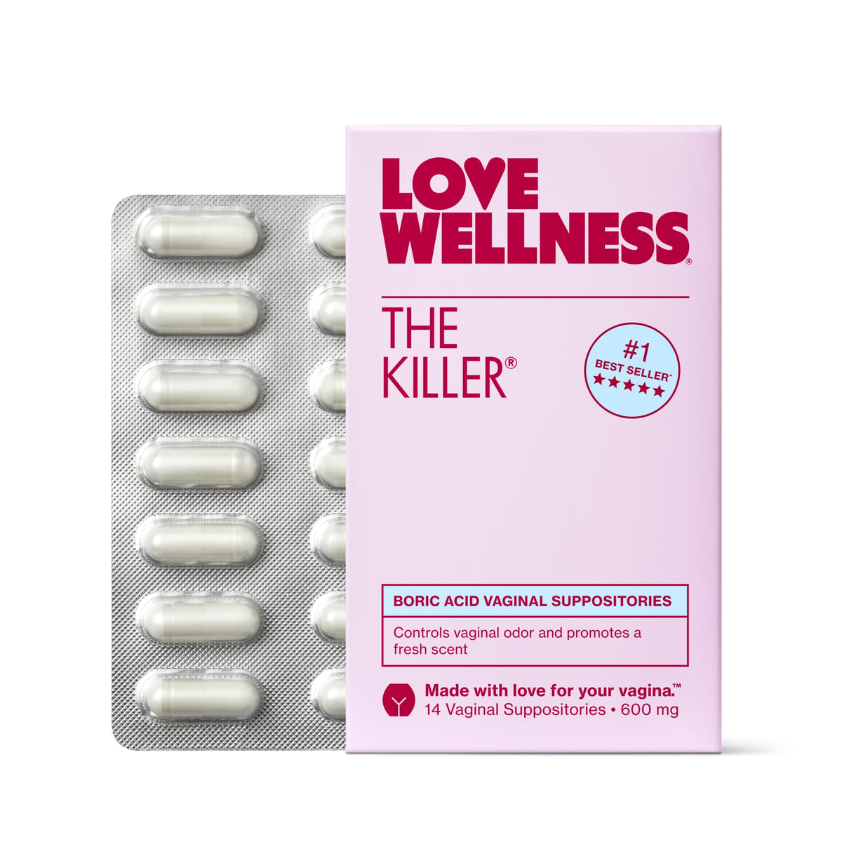 Love Wellness The Killer boric acid vaginal suppositories package