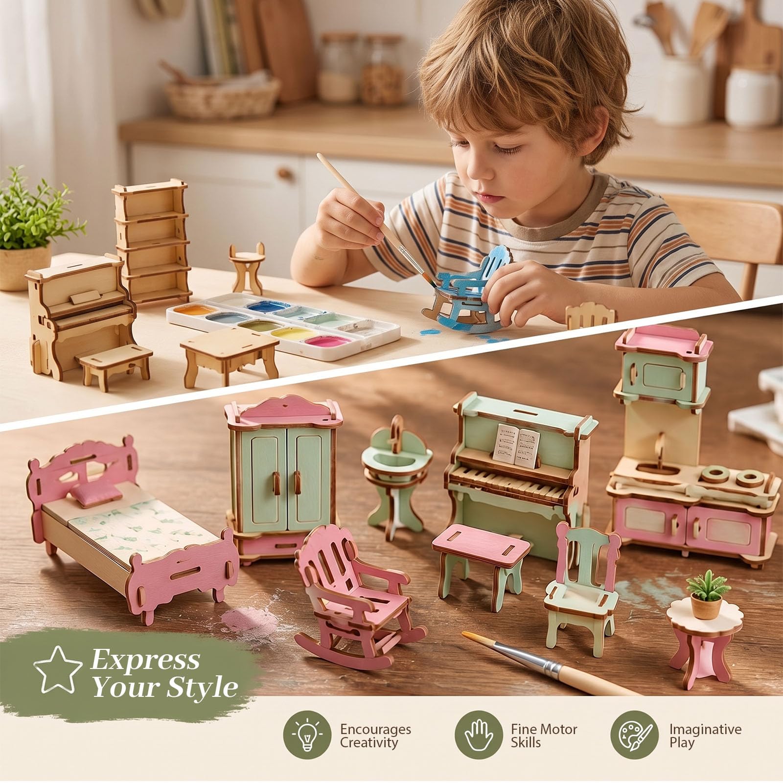 Unfinished natural wood 34-piece dollhouse furniture for painting