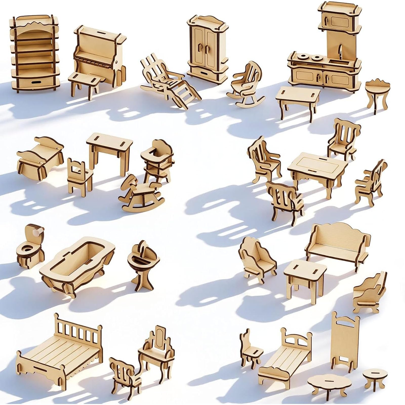 LOVEINUSA 34PCS Wooden Dollhouse Furniture Set 1-20 scale living room pieces