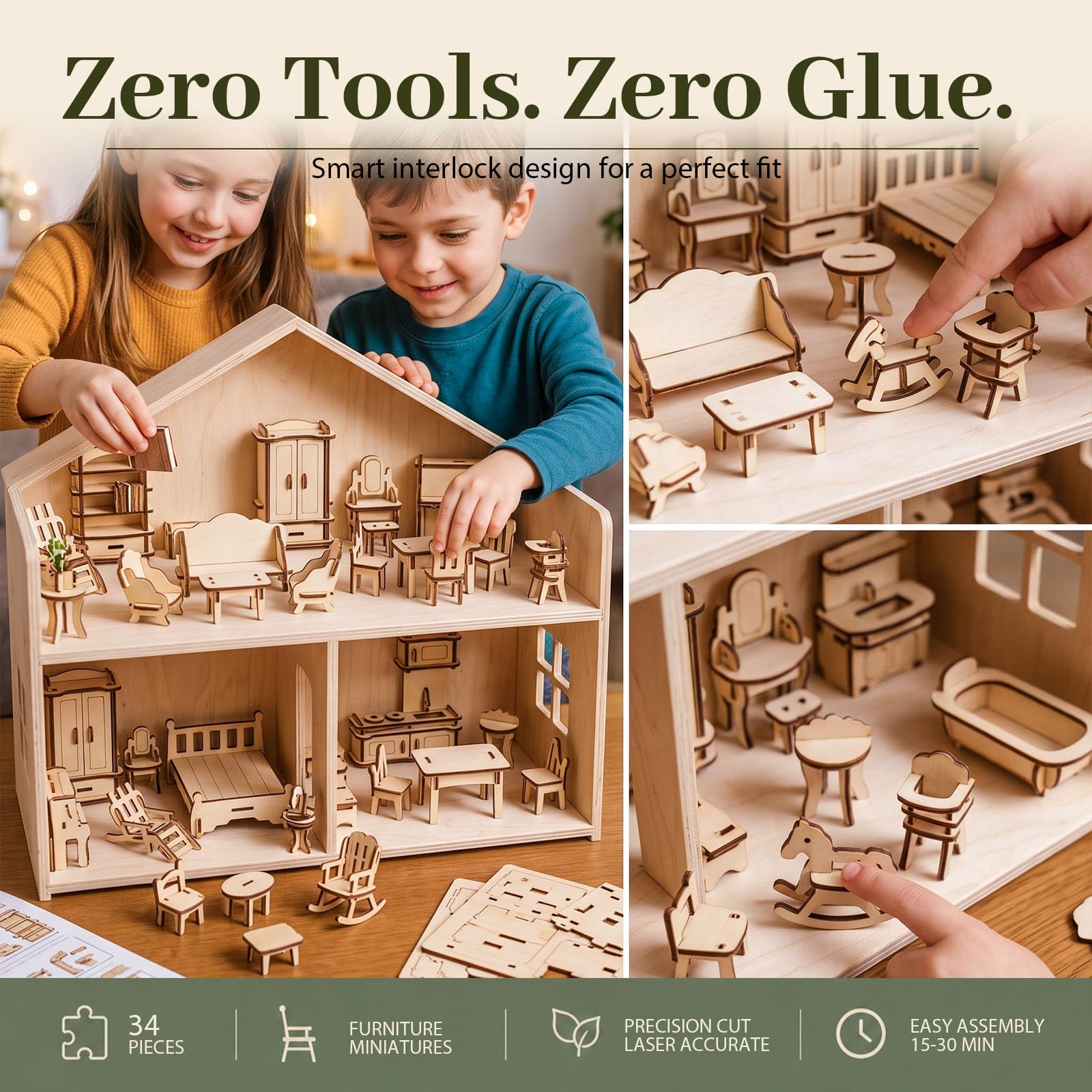 Snap-fit wooden dollhouse furniture set no glue required