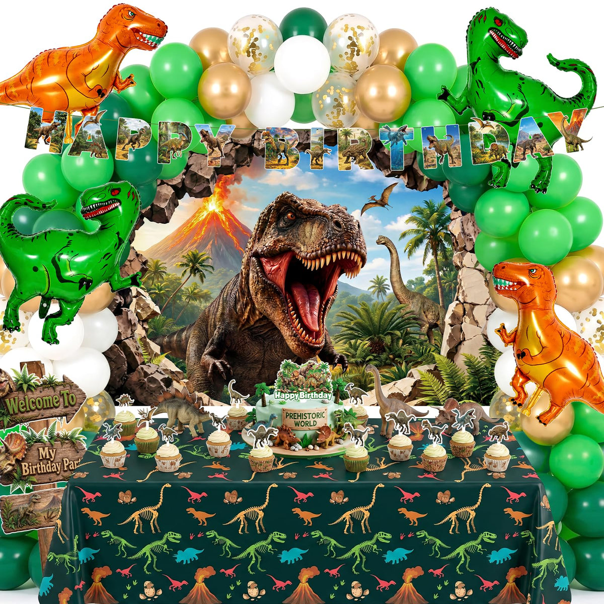 LovesTown dinosaur birthday decorations kit for kids 132PCS packaging