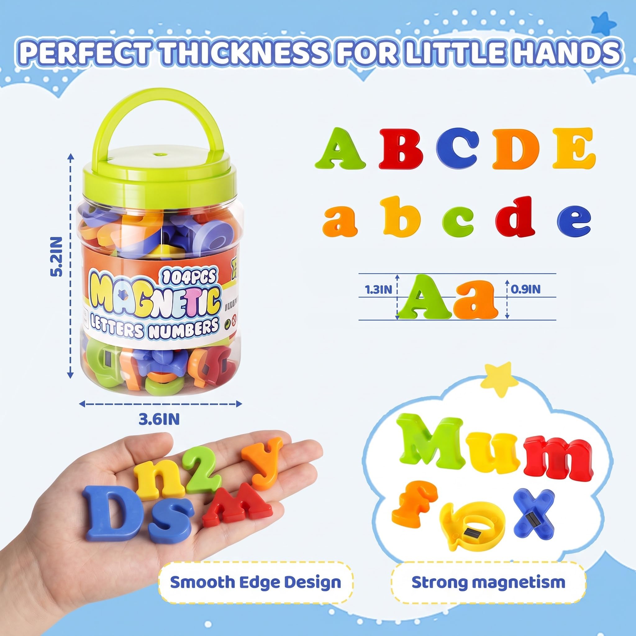Includes 26 uppercase and 52 lowercase letters 20 numbers and 6 symbols magnets