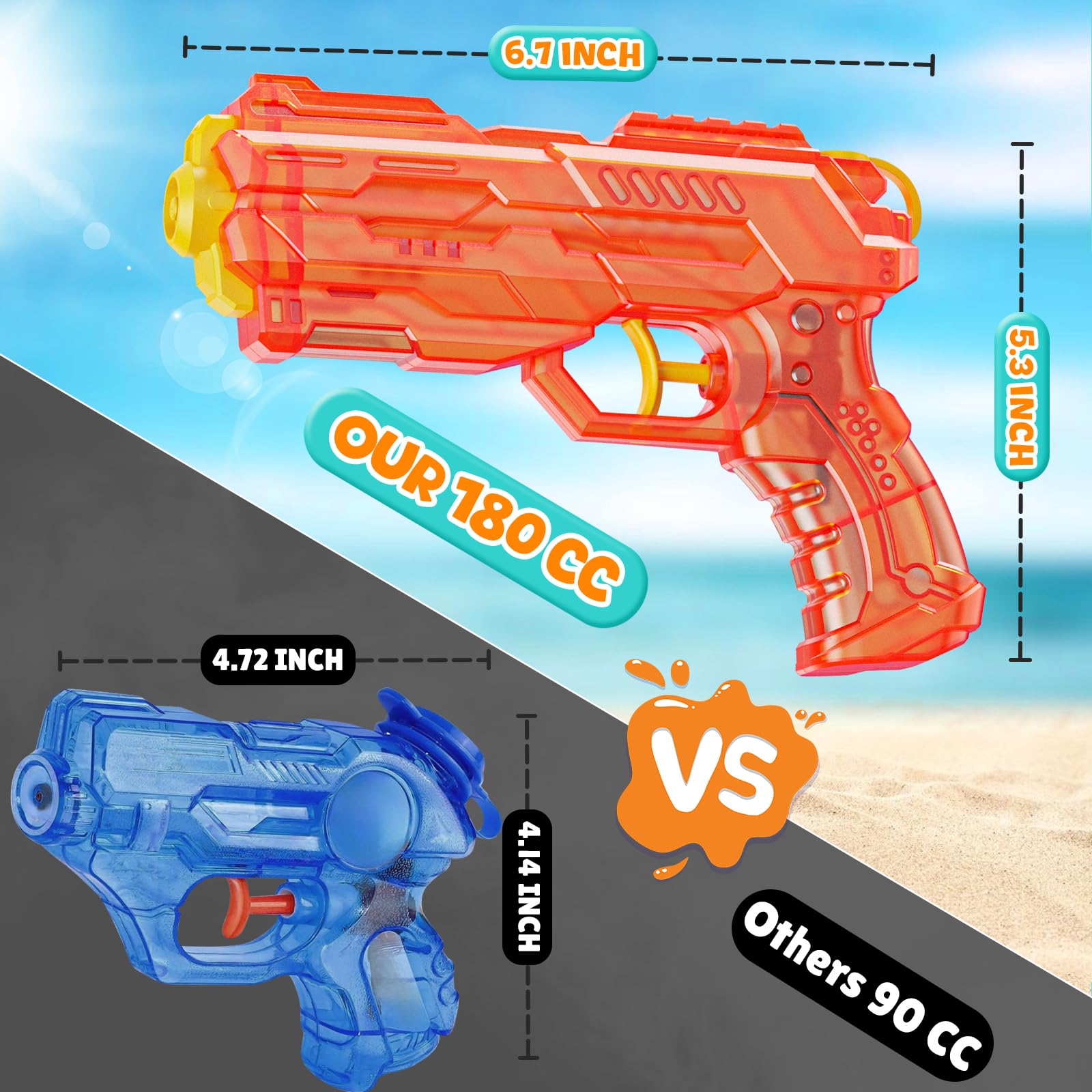 Water guns with transparent body showing water level
