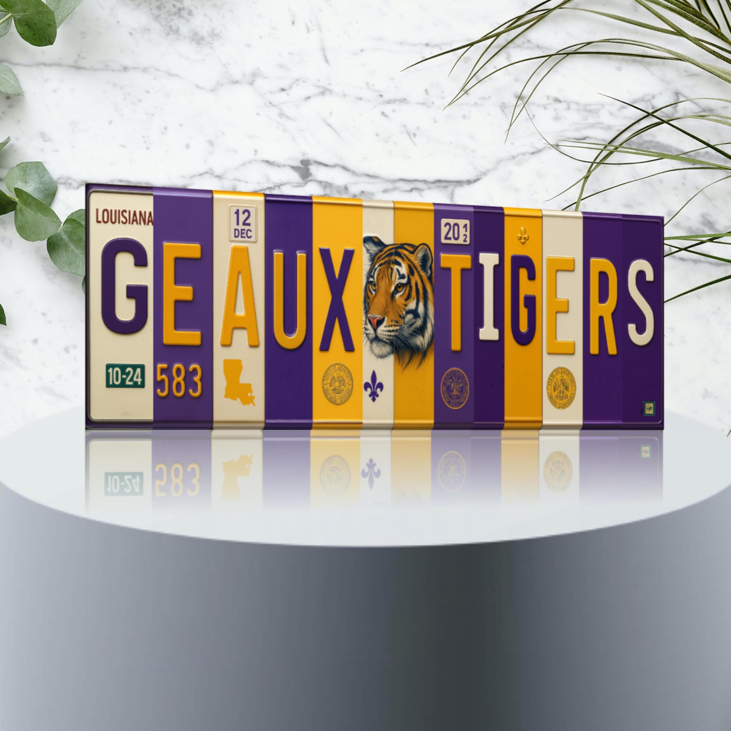 Purple and gold license plate sign for dorm or garage decor