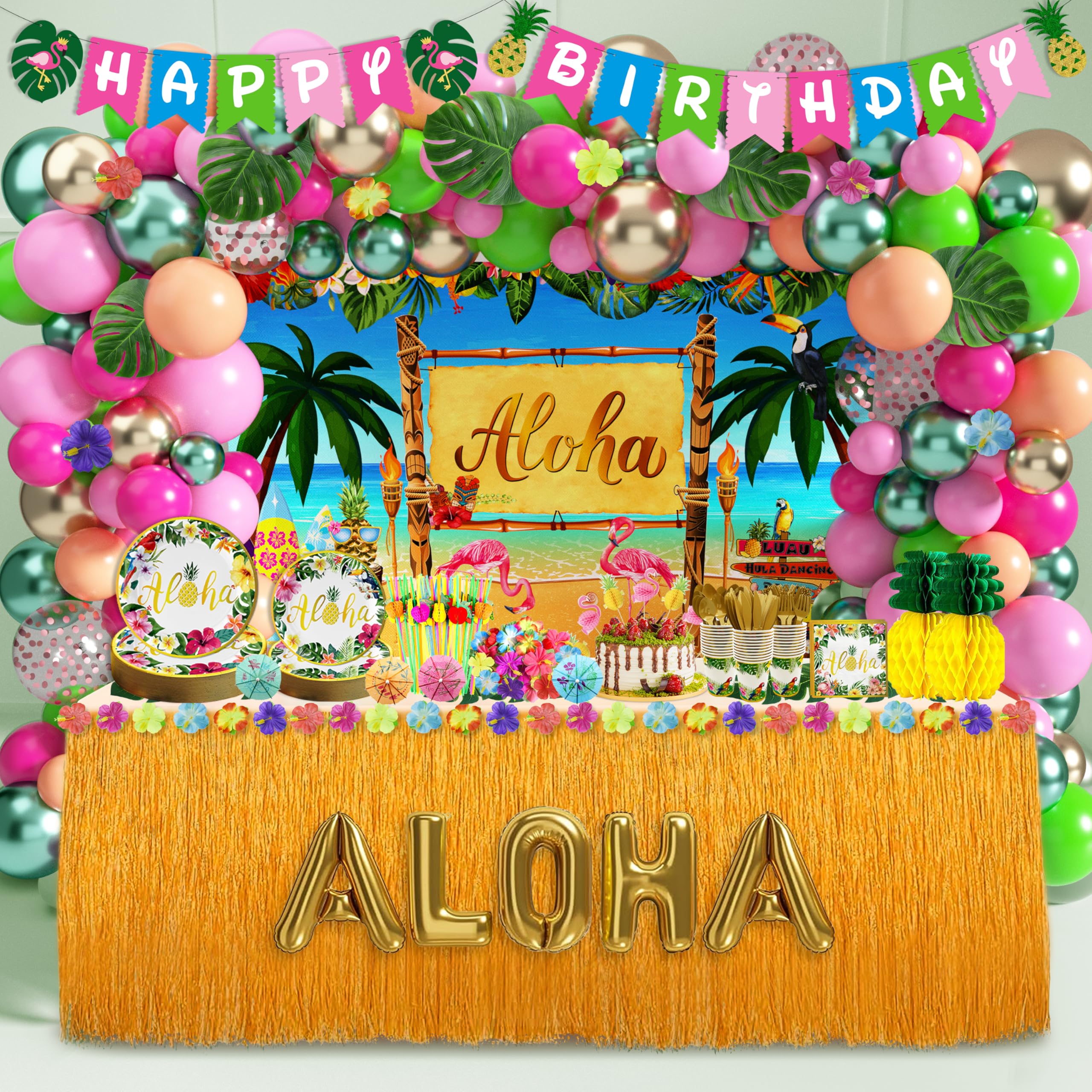 Luau birthday decorations kit with banner backdrop and balloons