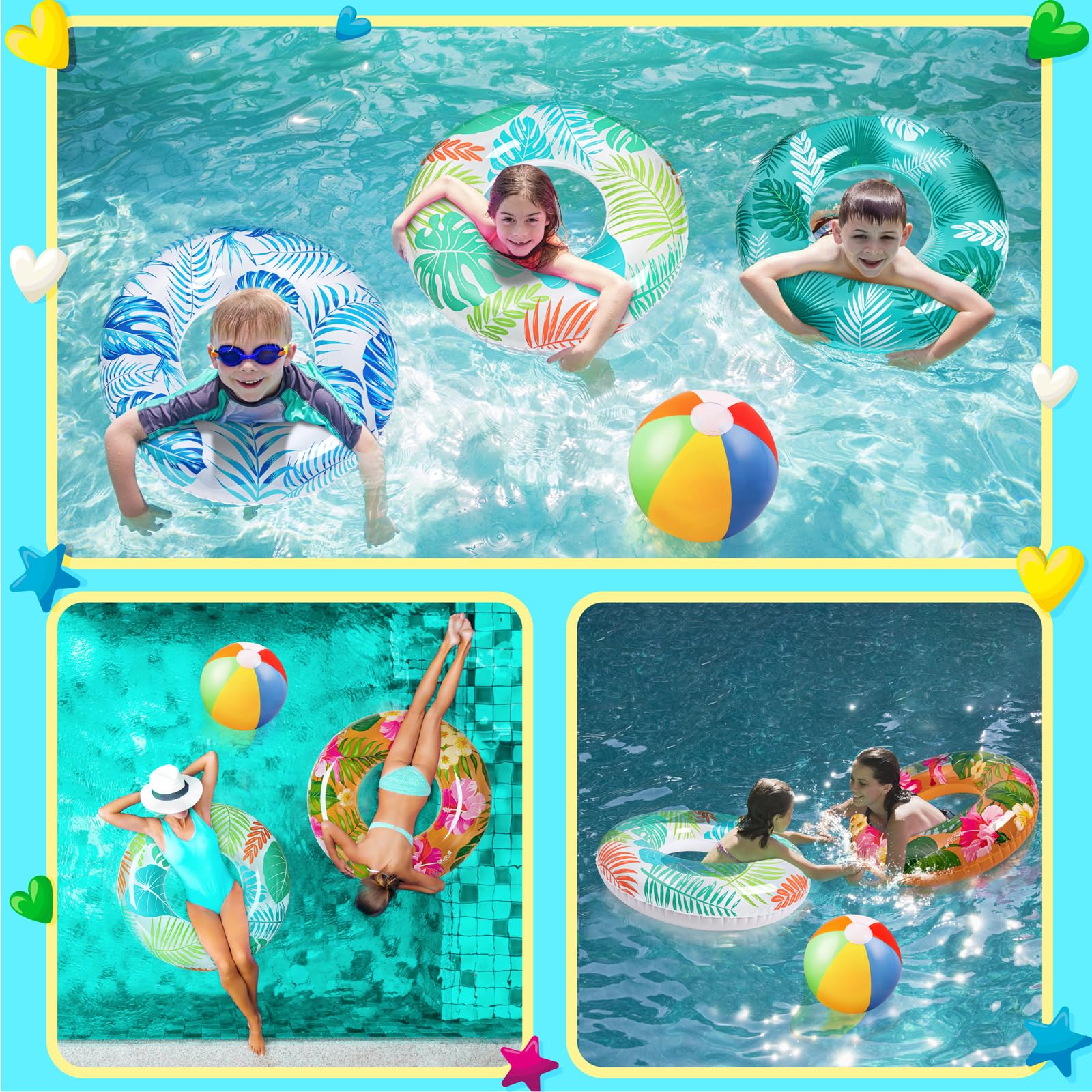 Luau themed inflatable rings and beach balls for kids and adults