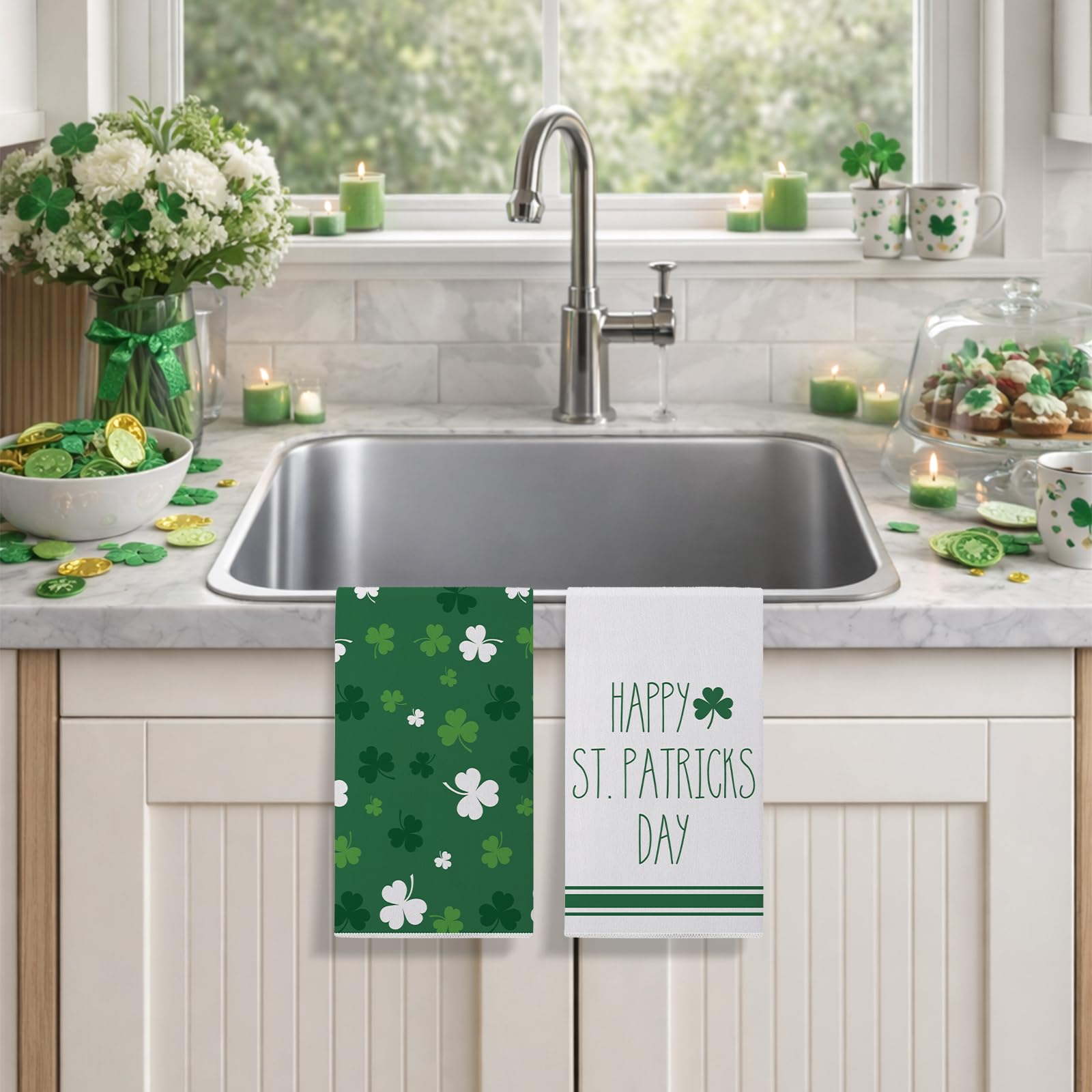 Lucky green shamrock design kitchen towels