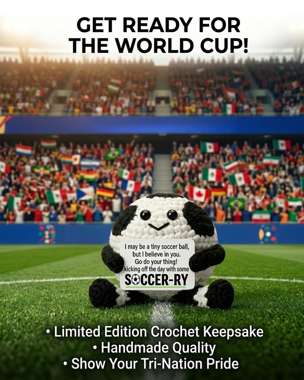 Handmade crochet soccer ball doll size three inches with soft yarn