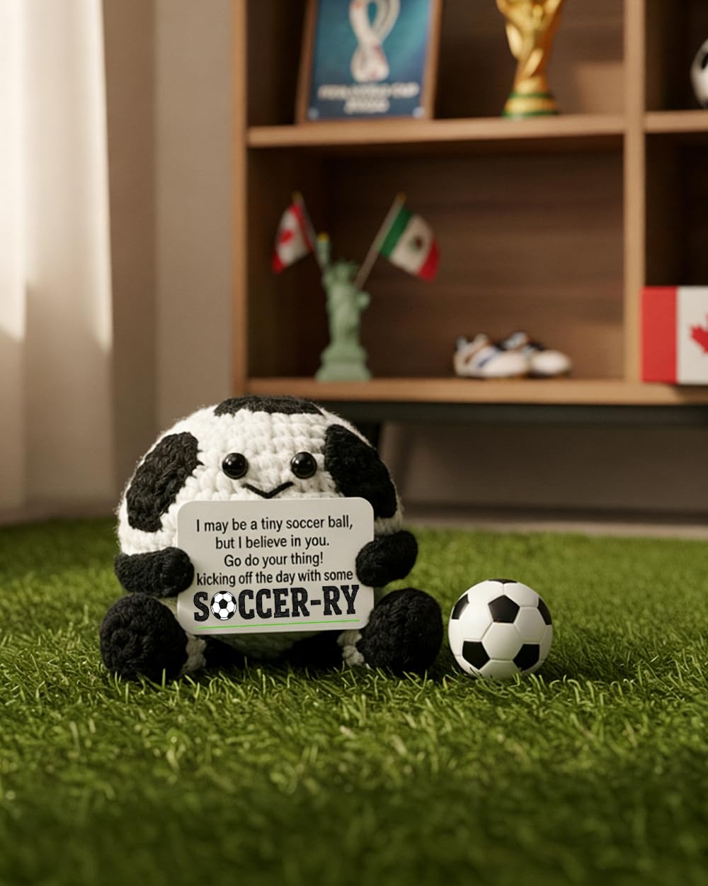 Black and white pentagon patterned crochet soccer ball desk decor