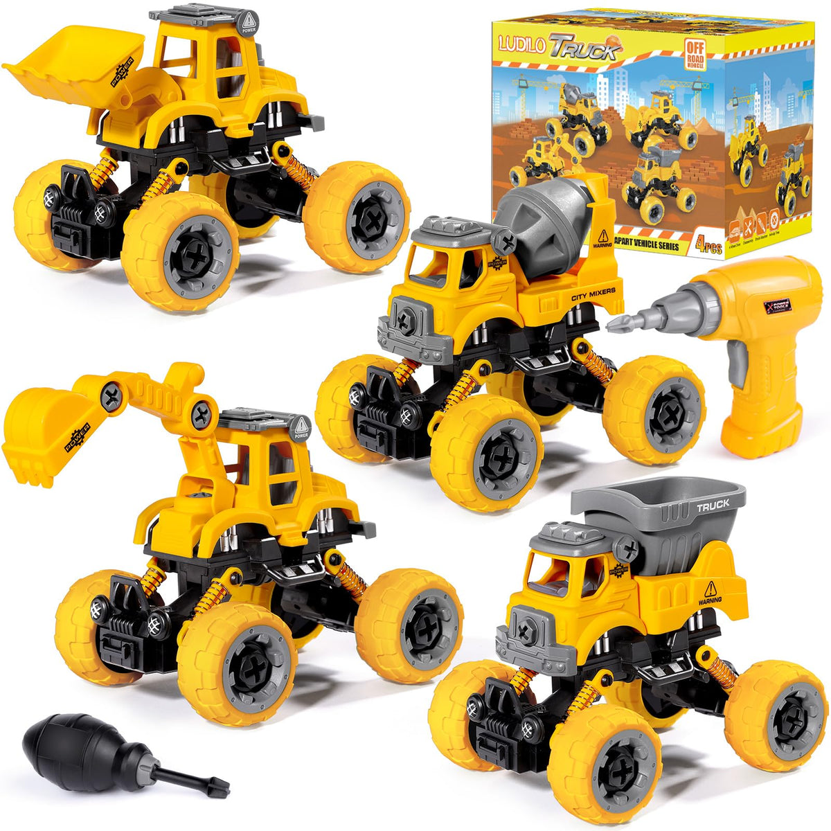 LUDILO take apart construction toys 4-in-1 set with Excavator Bulldozer Cement Mixer and Dump Truck