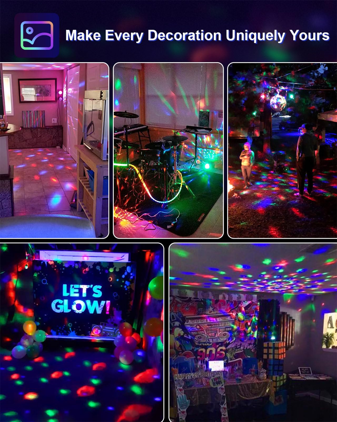 Plug-in party lights mounted on wall or ceiling