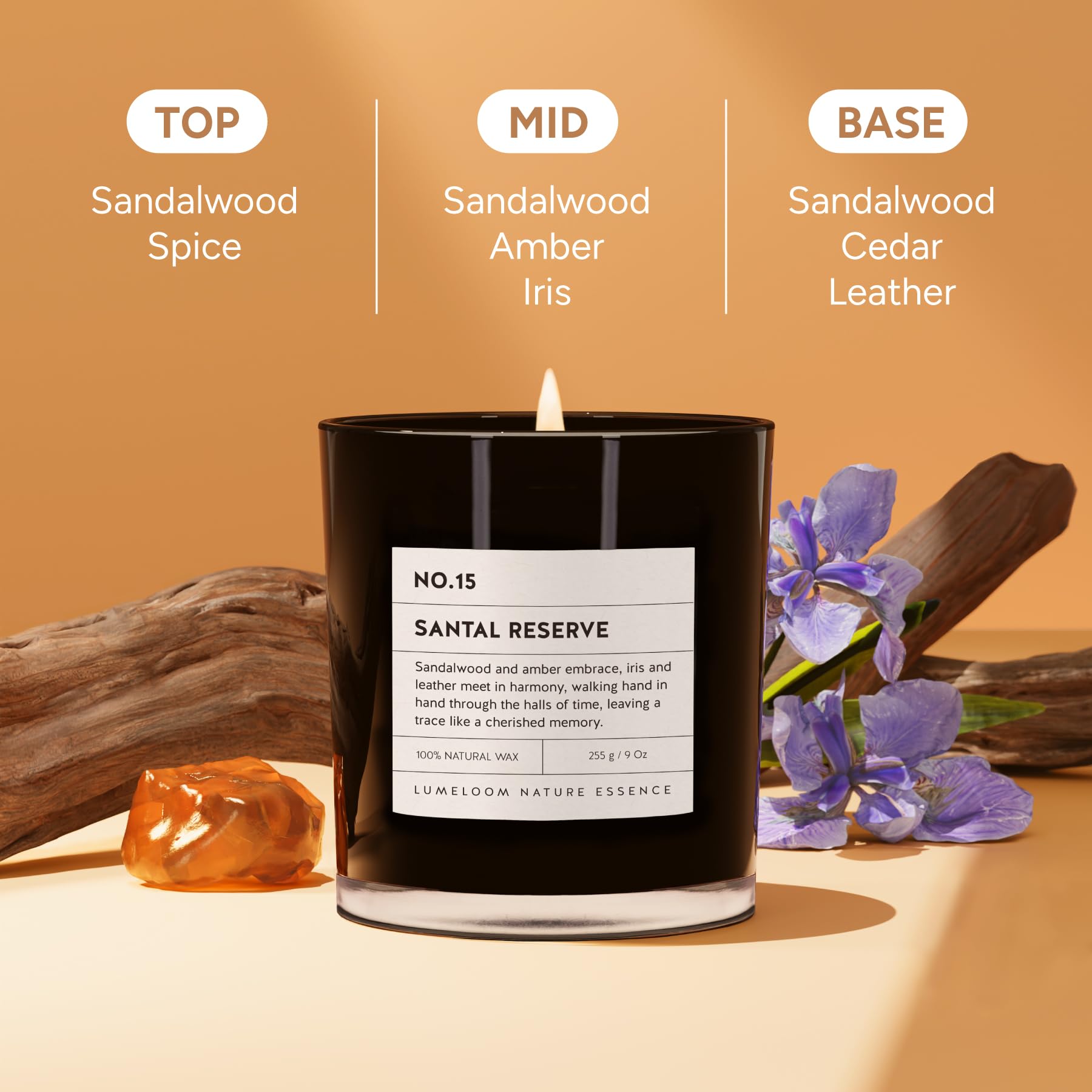 Santal Reserve sandalwood amber iris leather candle by LUMELOOM