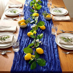 Lumina Garden Amalfi Coast decorations with 6 ft lemon garland and blue runner