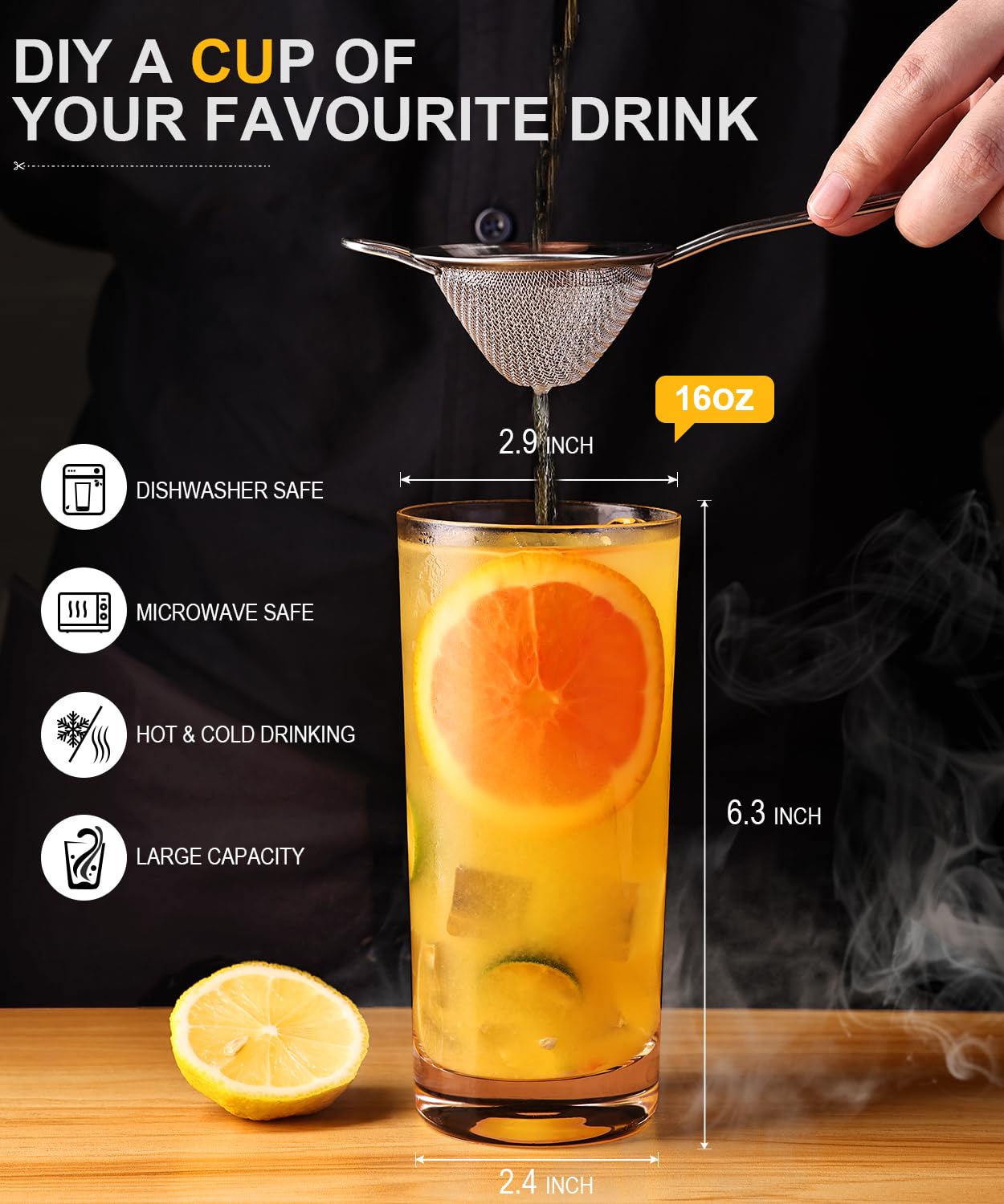 16 oz capacity glass ideal for cocktails and beverages