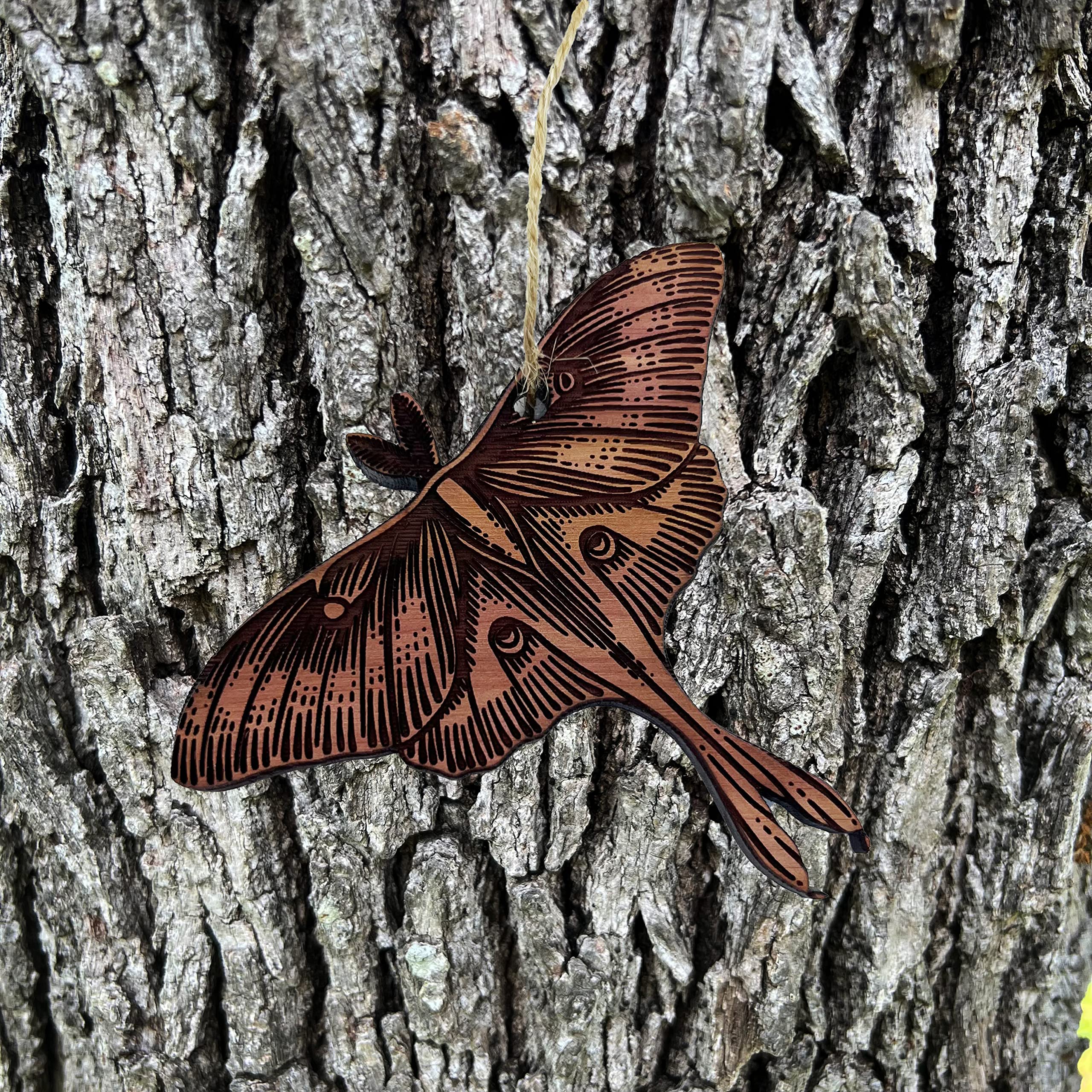 Luna Moth Cedar Ornament designed and engraved in Texas USA