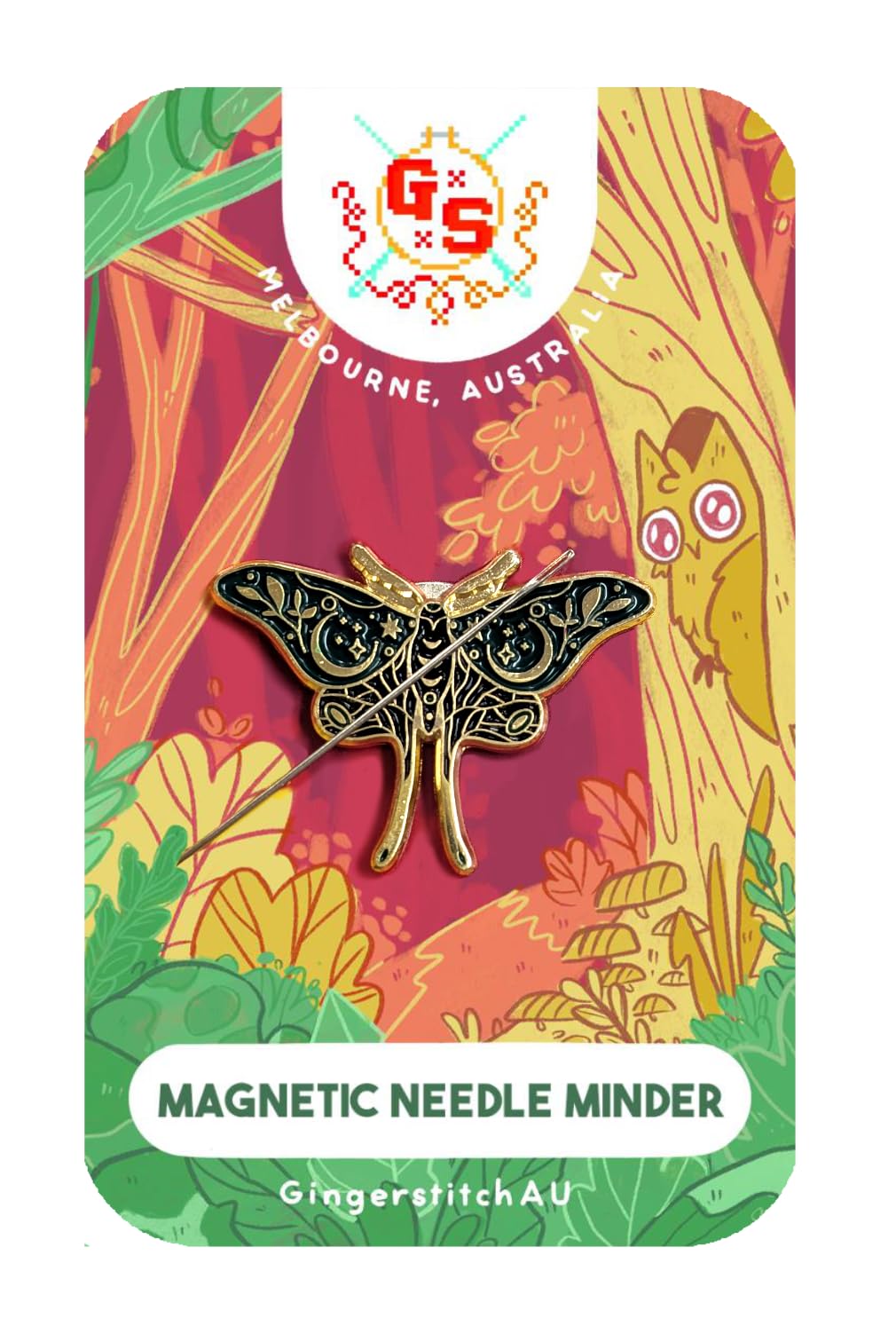 Luna Moth Needle Minder on a 3 inch embroidery hoop