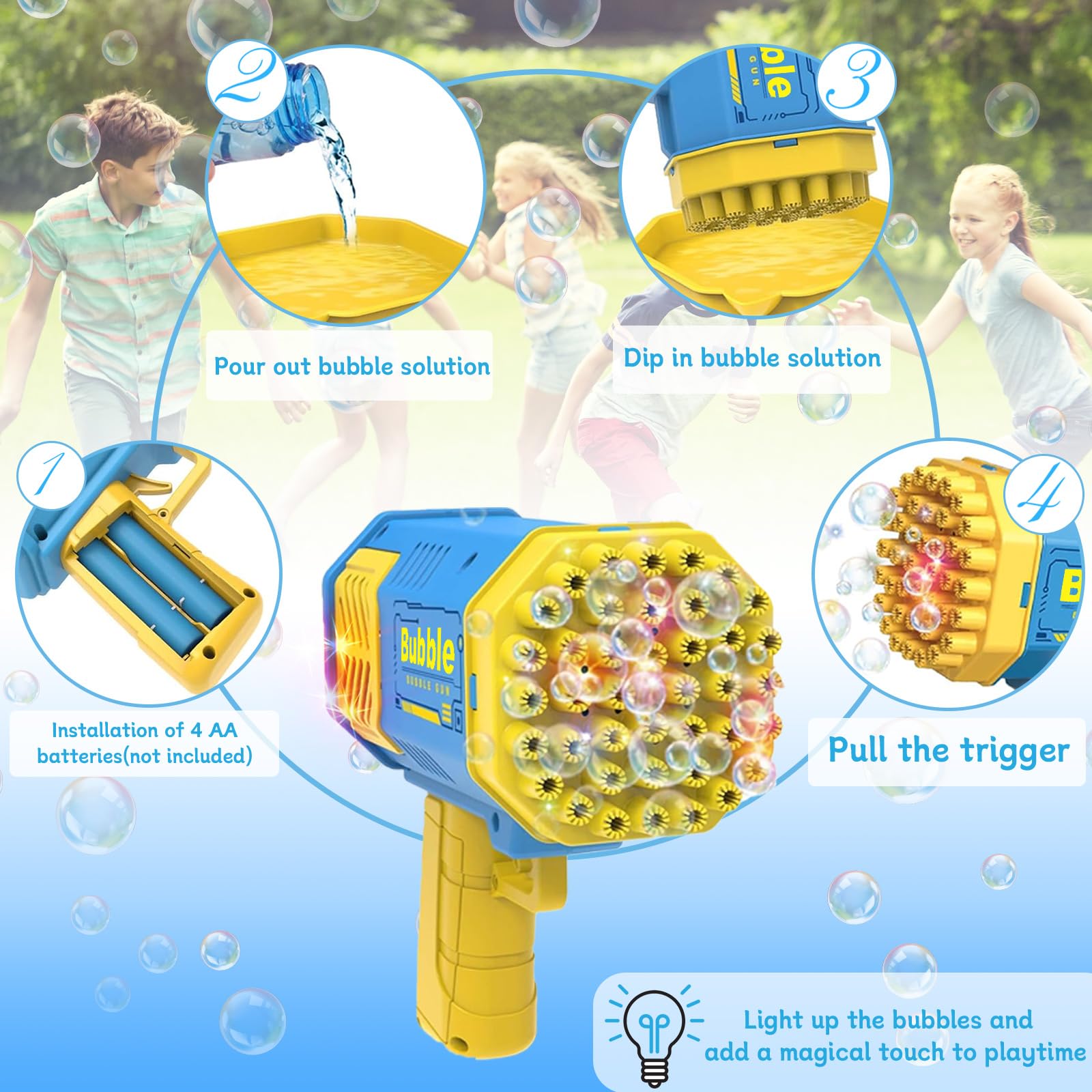 LED lights illuminate bubbles in LUSJNGE bubble gun