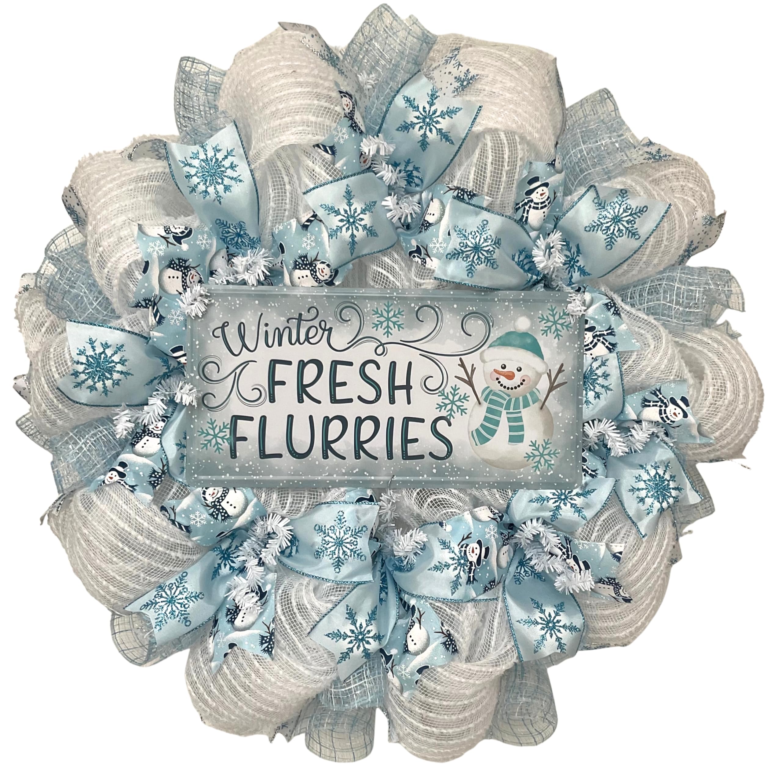 Fresh Flurries 24 inch luxury handmade winter snowman wreath with pale blue ribbons