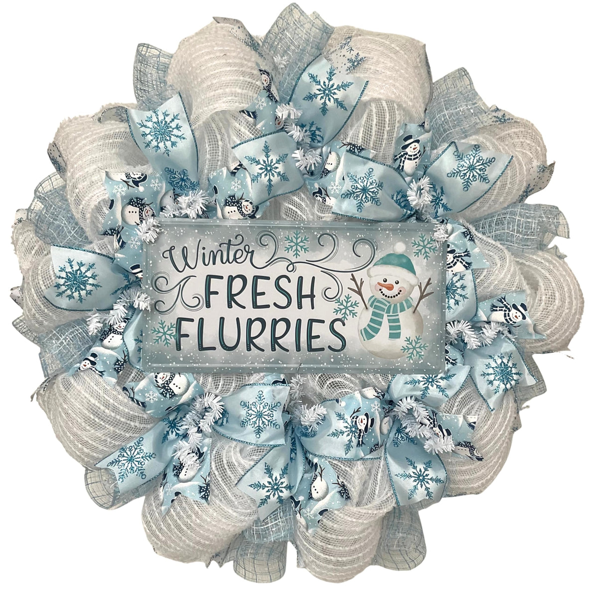 Fresh Flurries 24 inch luxury handmade winter snowman wreath with pale blue ribbons