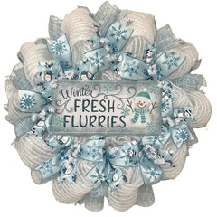 Fresh Flurries 24 inch luxury handmade winter snowman wreath with pale blue ribbons