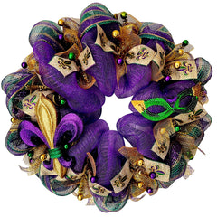 Luxury Mardi Gras deco mesh wreath with fleur de lis centerpiece