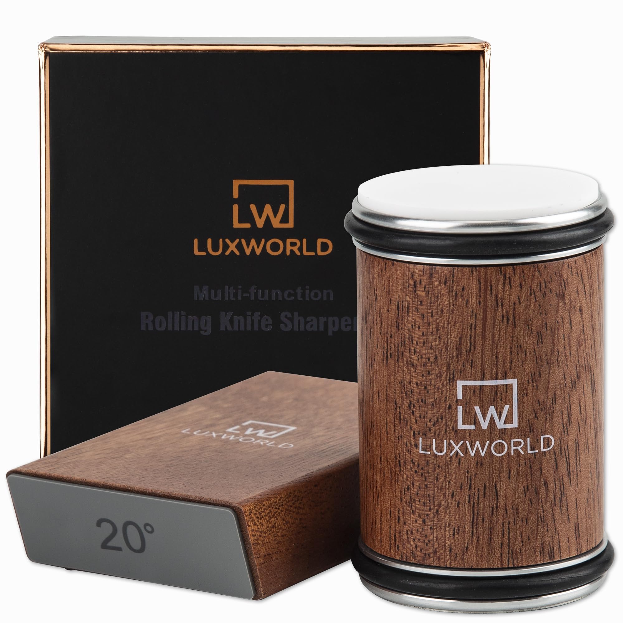 LUXWORLD Rolling Knife Sharpener product image showing compact aluminum body