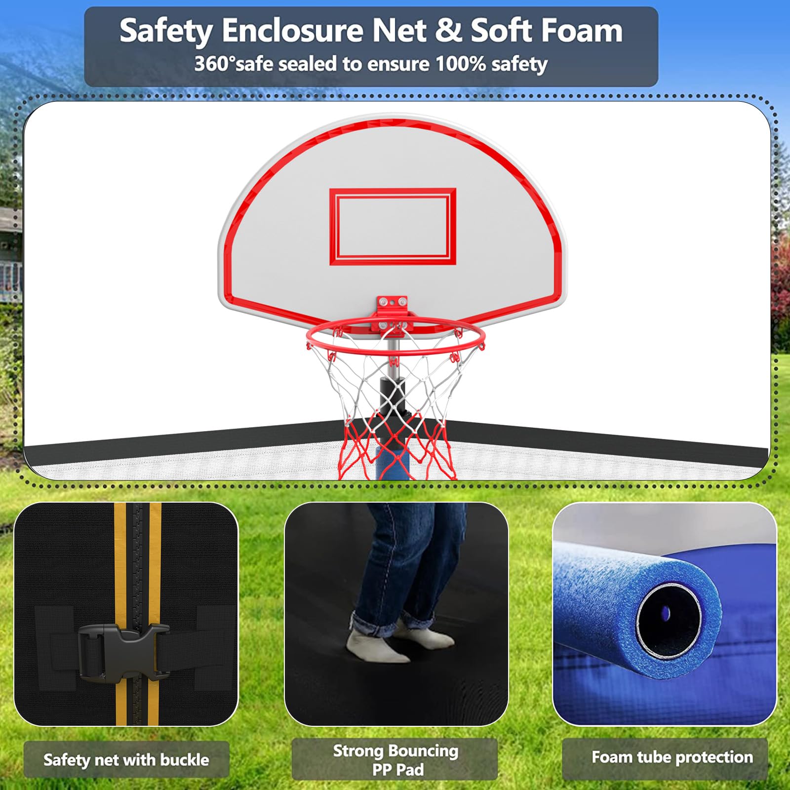Ground stakes sprinkler and LED lights included with Lyromix trampoline
