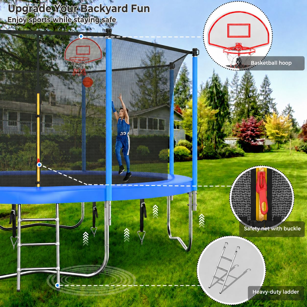 Lyromix 12FT trampoline blue showing galvanized steel frame