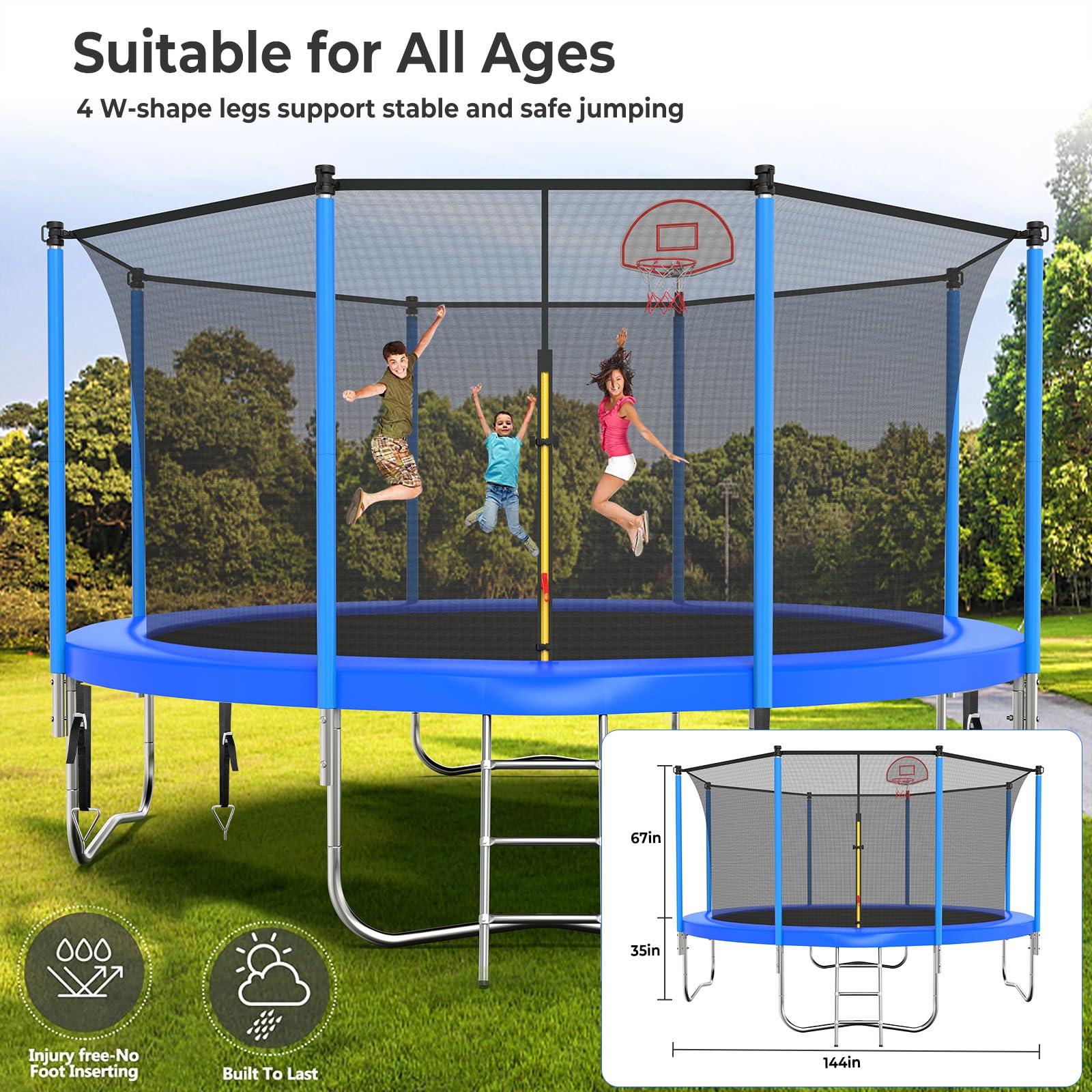 Spacious 12FT trampoline suitable for kids and adults