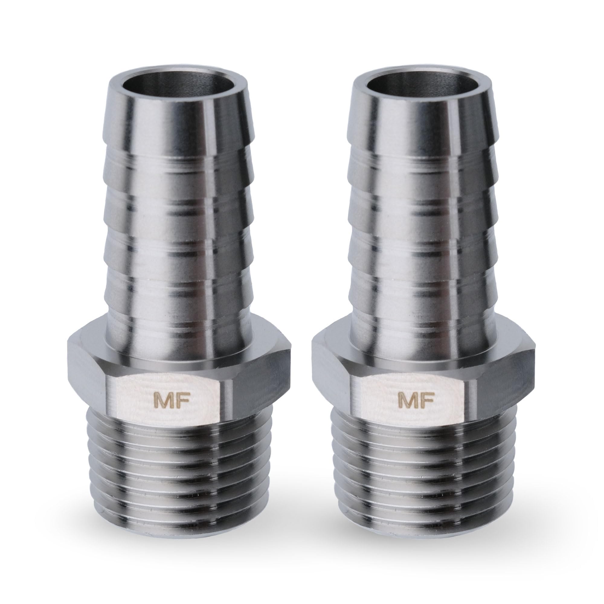 Maacflow stainless 1/2 NPT to 5/8 hose barb fitting 2-pack closeup