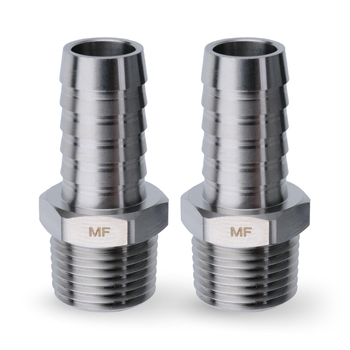 Maacflow stainless 1/2 NPT to 5/8 hose barb fitting 2-pack closeup