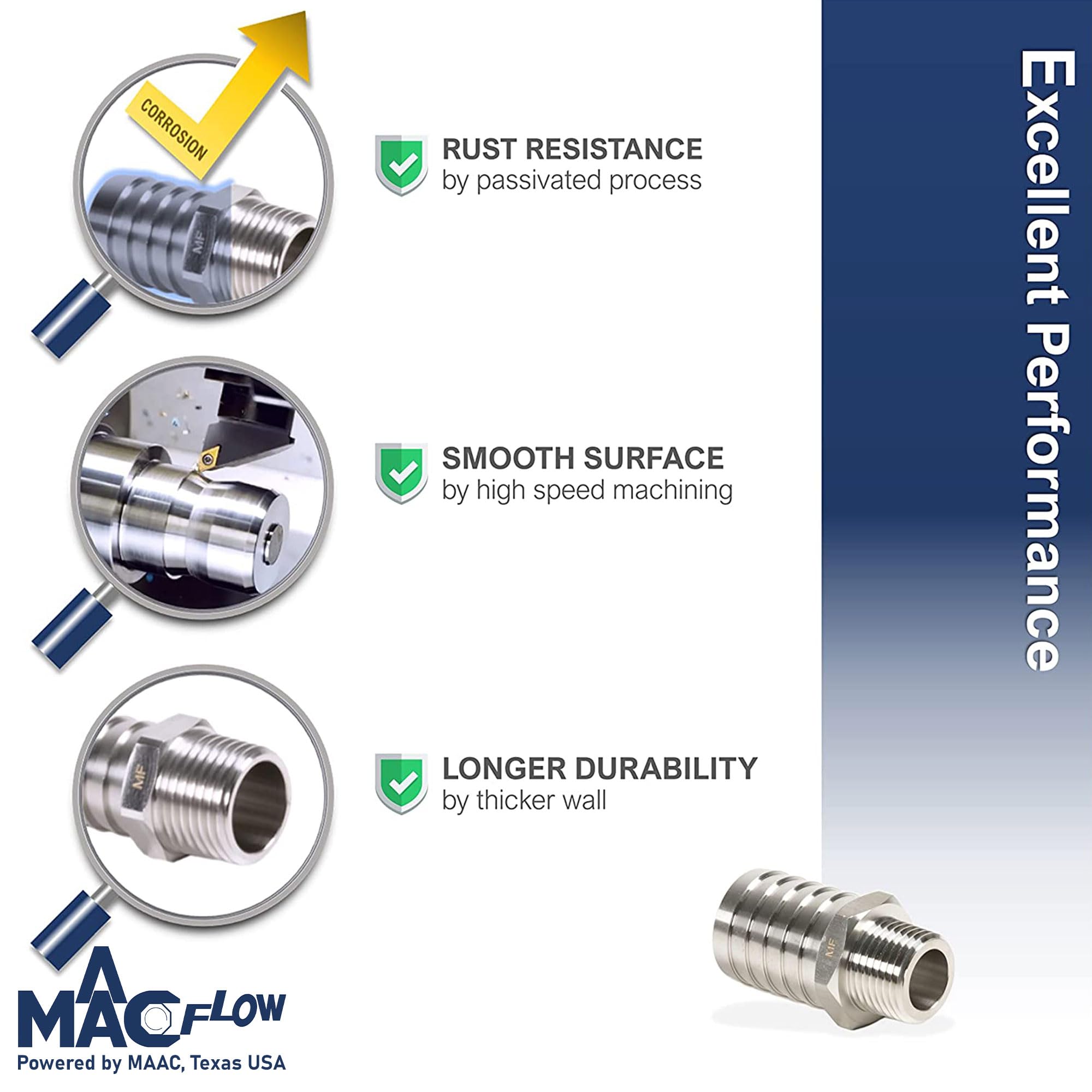 Maacflow stainless steel barb adaptor product angle