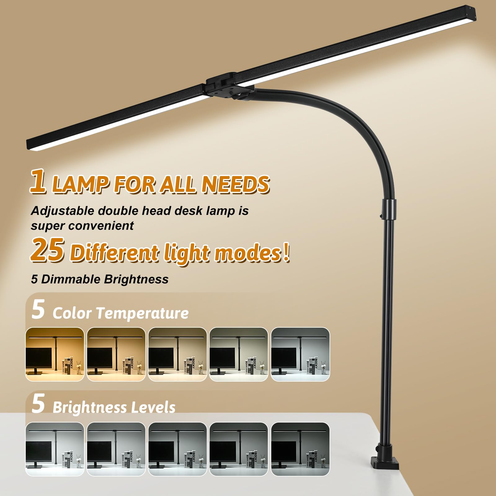 Dual head LED desk lamp extended to 31.5 inches