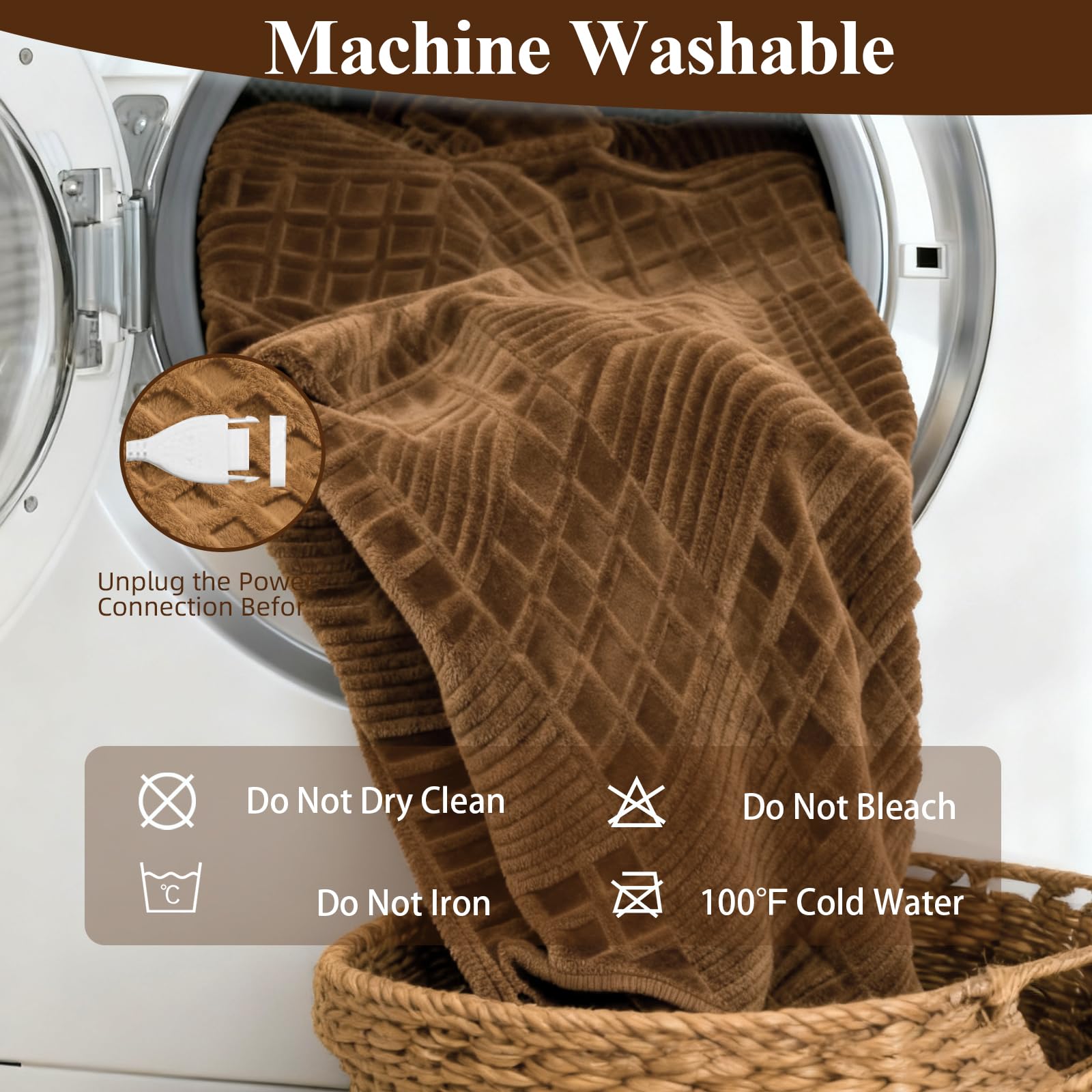 Machine washable heated blanket with removable controller
