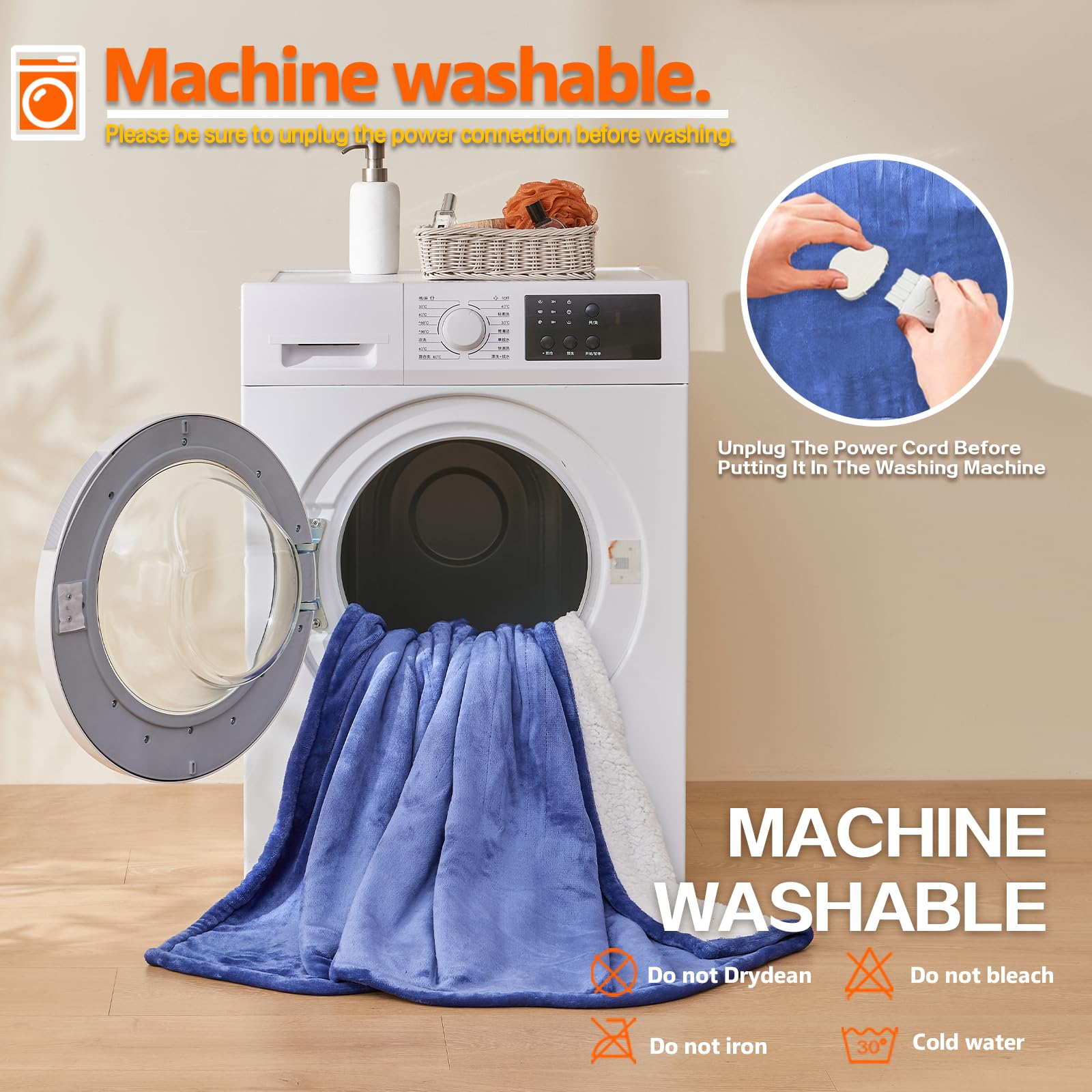 Machine washable blanket with removable controller