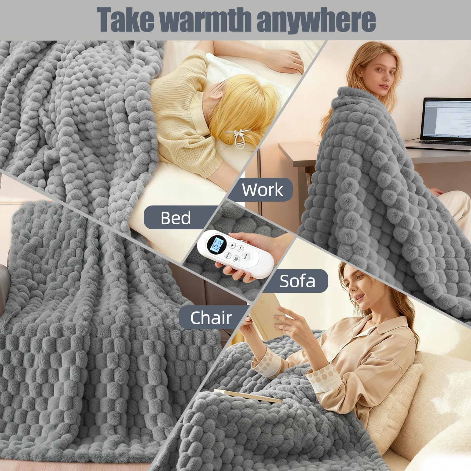 Machine washable heated blanket throw in gray