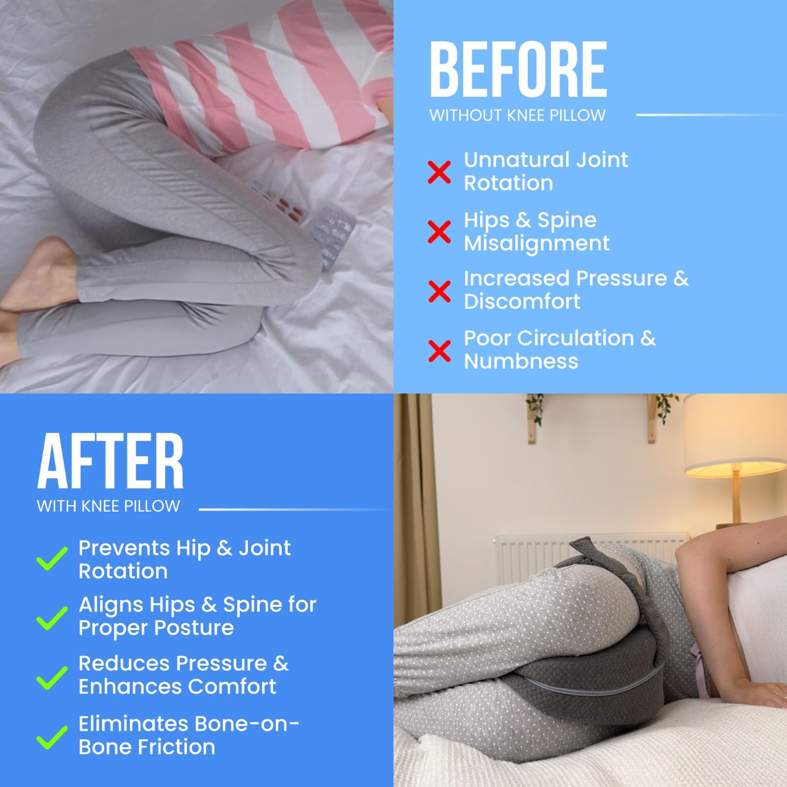 Machine washable breathable cover on knee pillow
