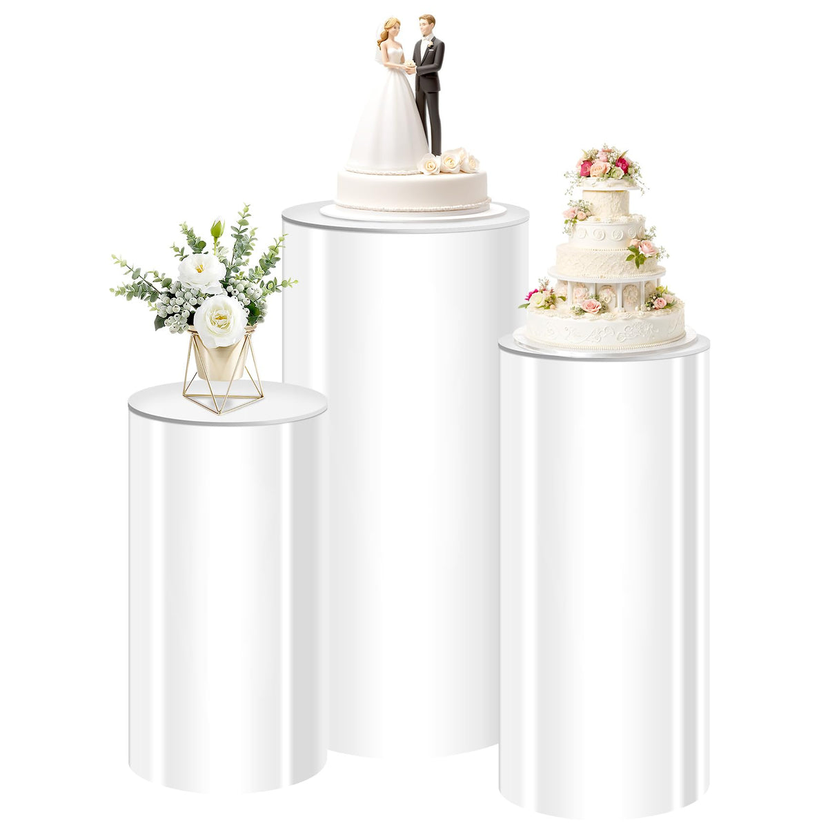 MACIFECI White Cylinder Stands for Party three-piece pedestal set 35.4 29.5 23.6 inches