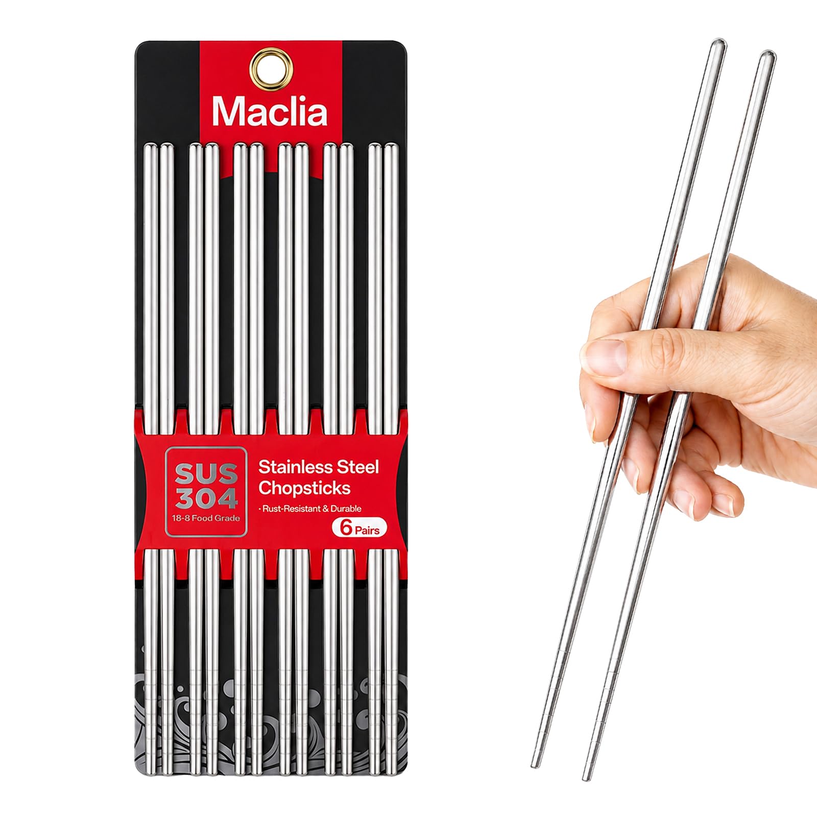 Maclia Metal Chopsticks 6 pairs 9 inch stainless steel