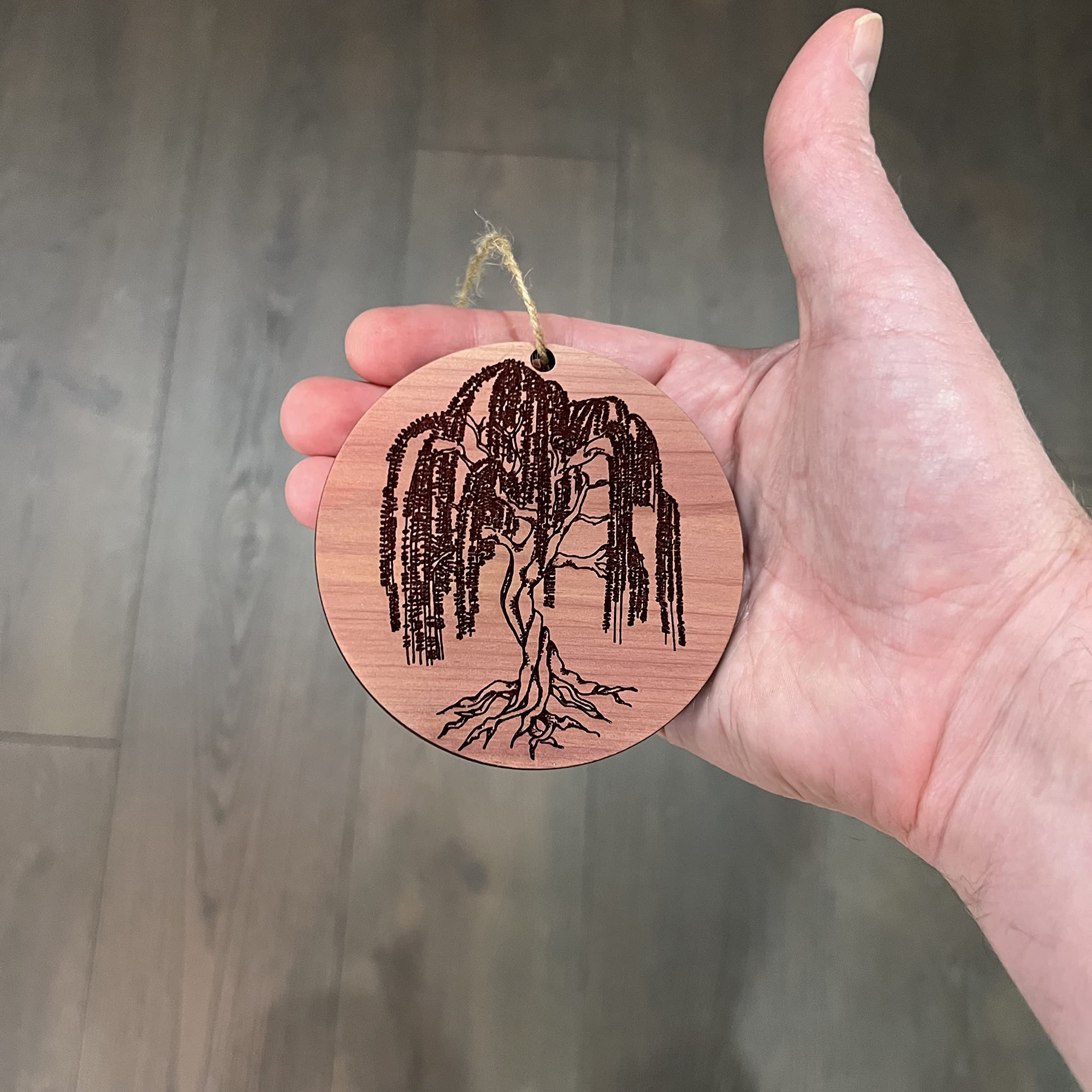 Front side sanded cedar ornament with Weeping Willow design