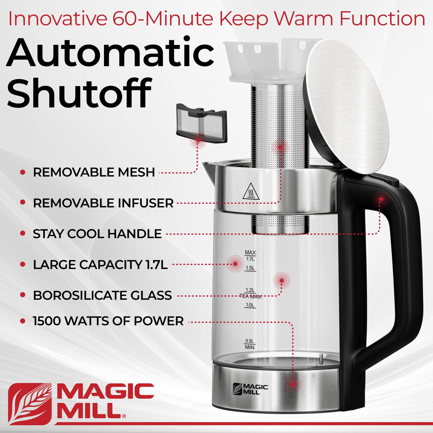 Large 1.7L capacity electric kettle for tea