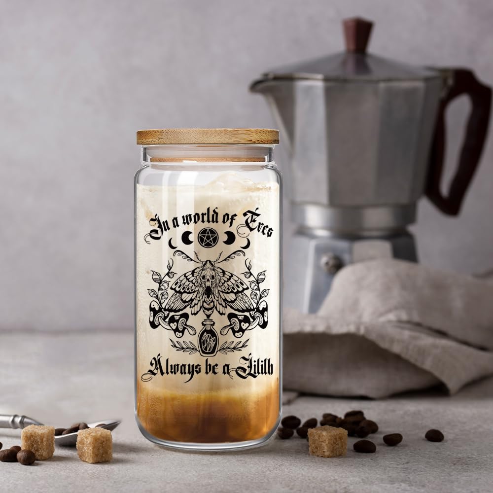 Glass cup with lid and stainless steel straw