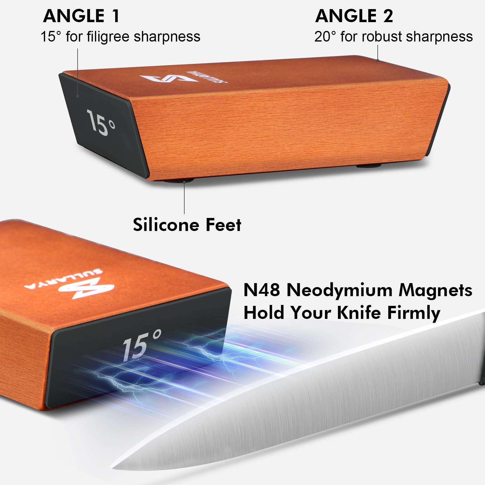 Knife sharpener with 15 and 20 degree settings for kitchen knives