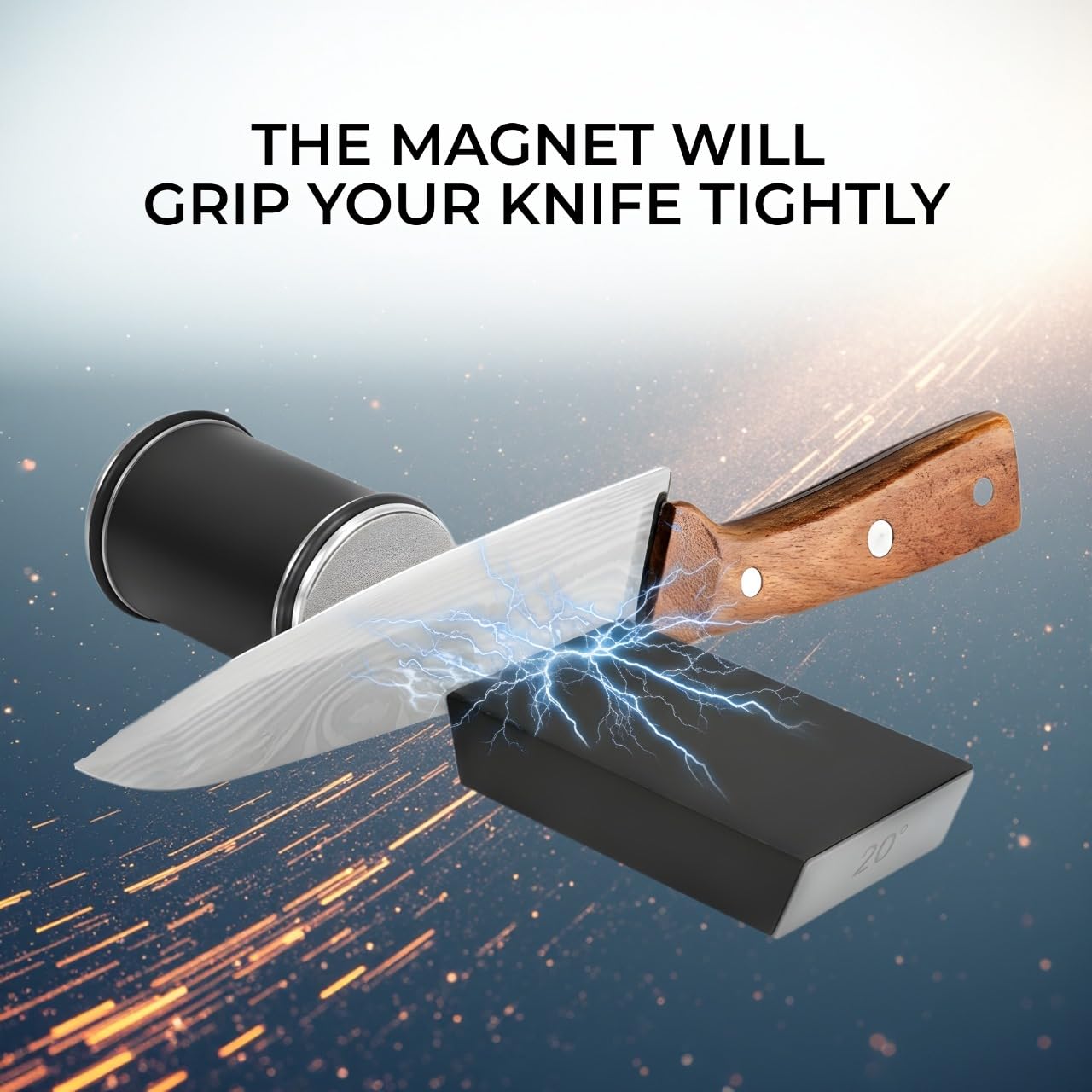 Magnetic base knife sharpener stabilizing blades during sharpening