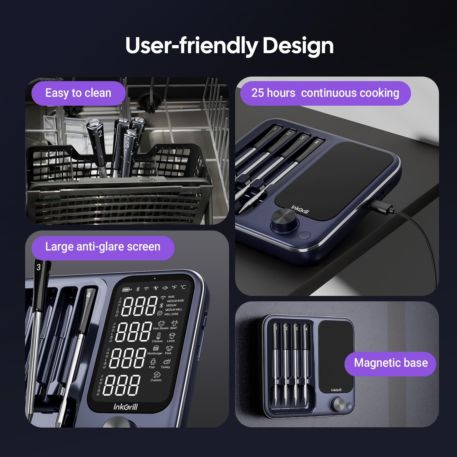 large anti-glare screen and magnetic base on meat thermometer